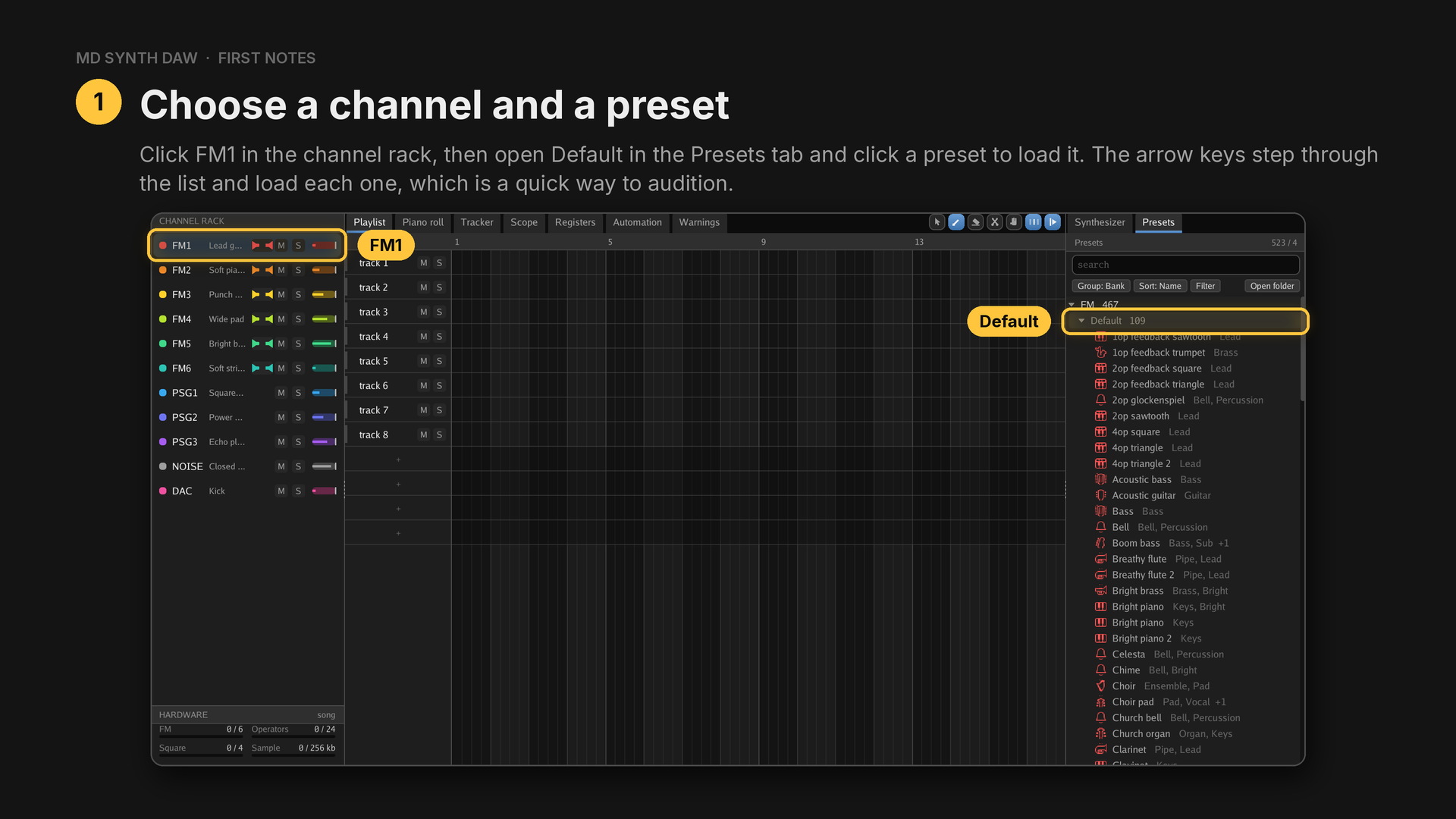 Choosing FM1 and opening the Default bank