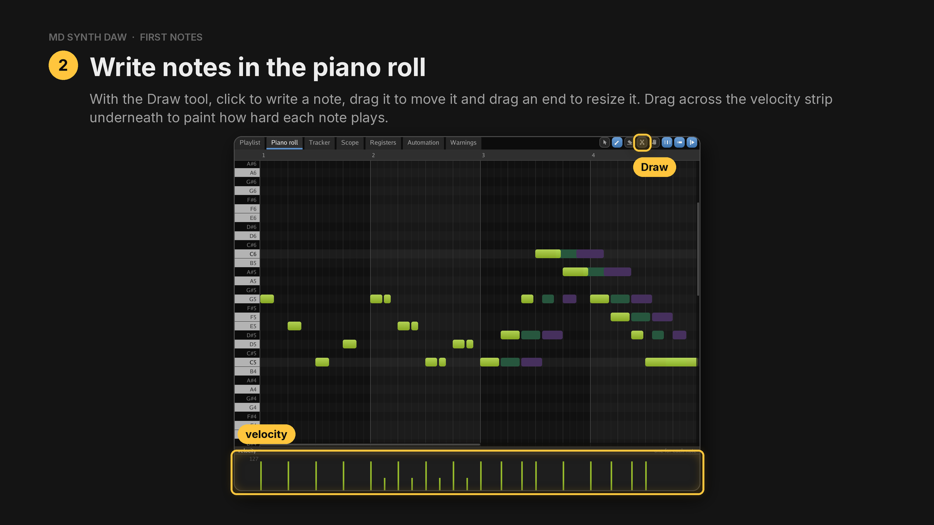 Notes and velocities in the piano roll