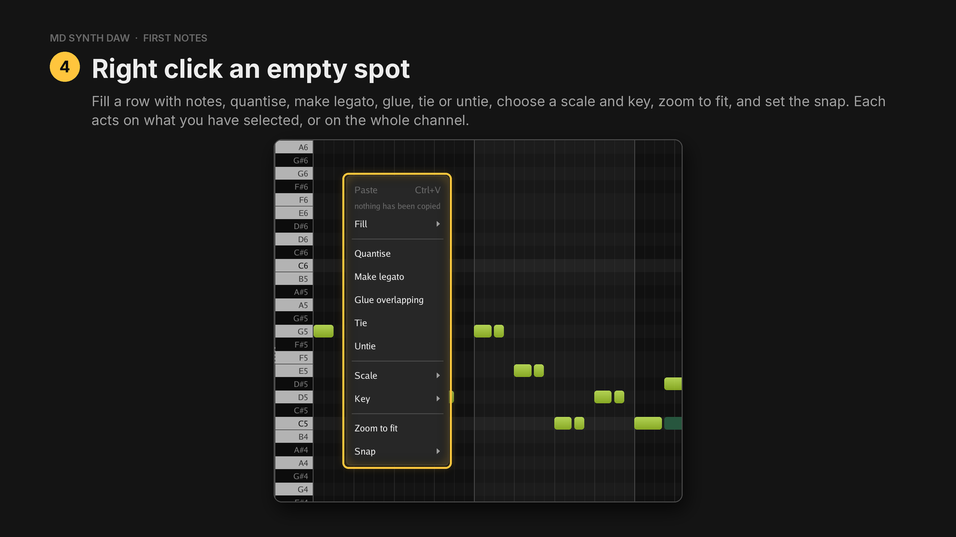 The piano roll's right-click menu