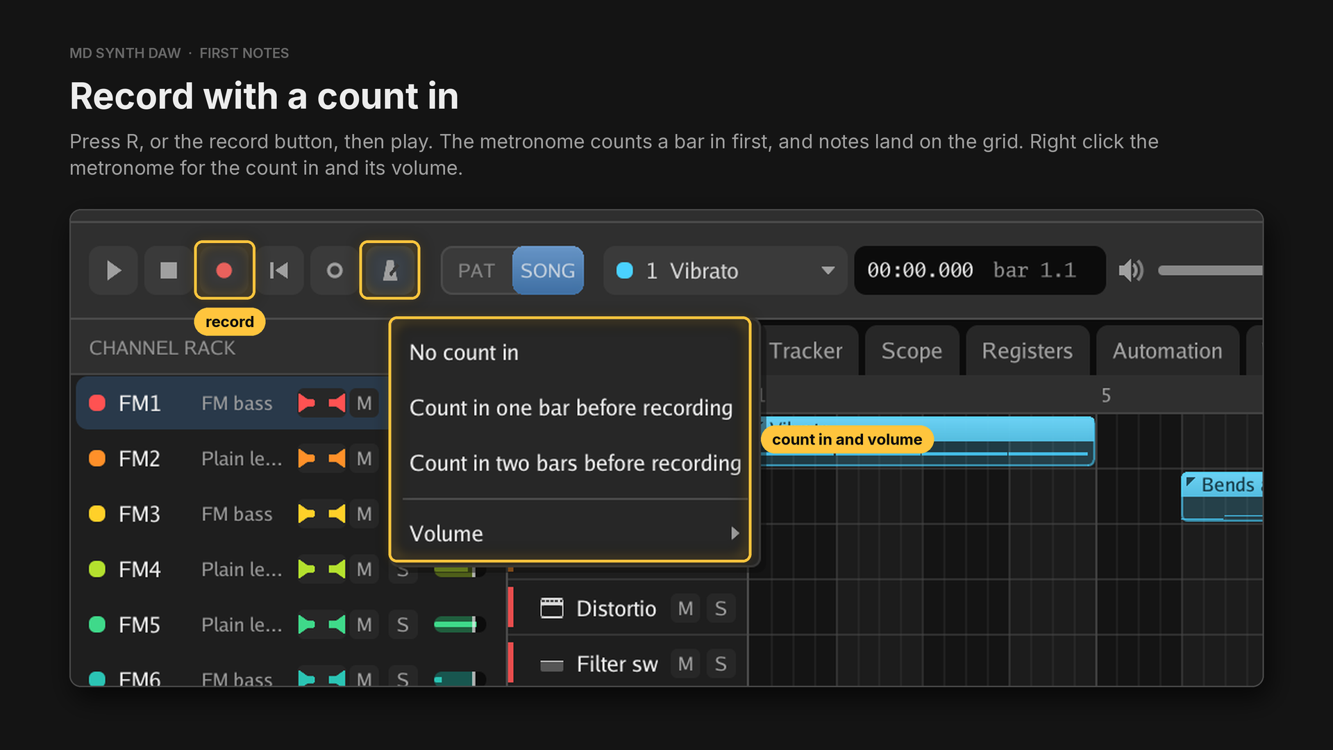 Record, the metronome and its count-in menu