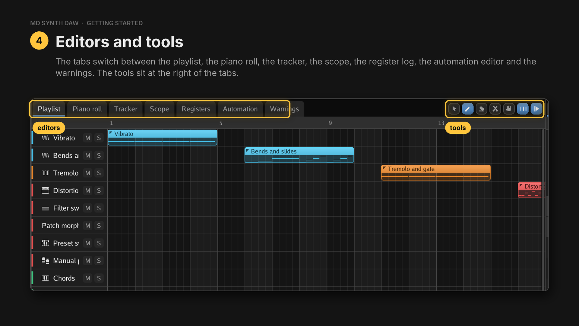 The editor tabs and the tools