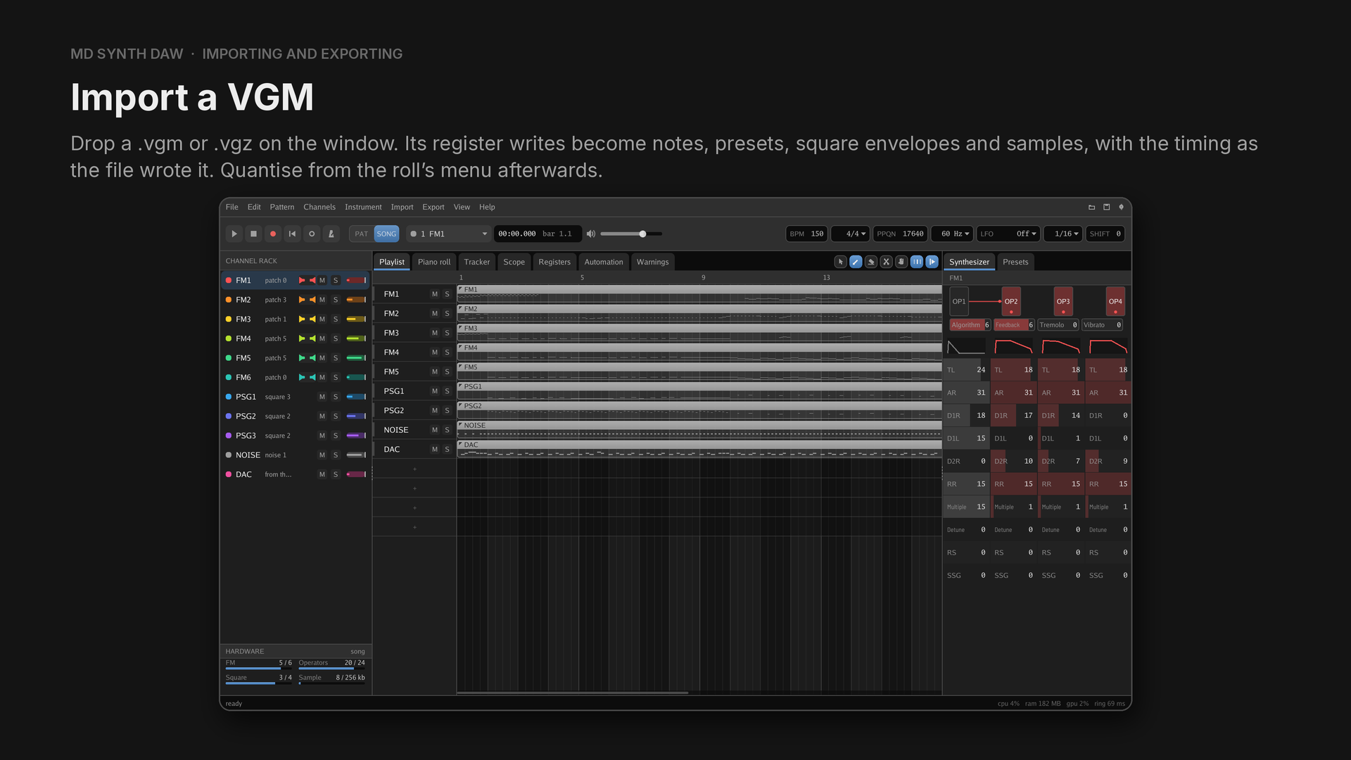A VGM imported into MD Synth DAW