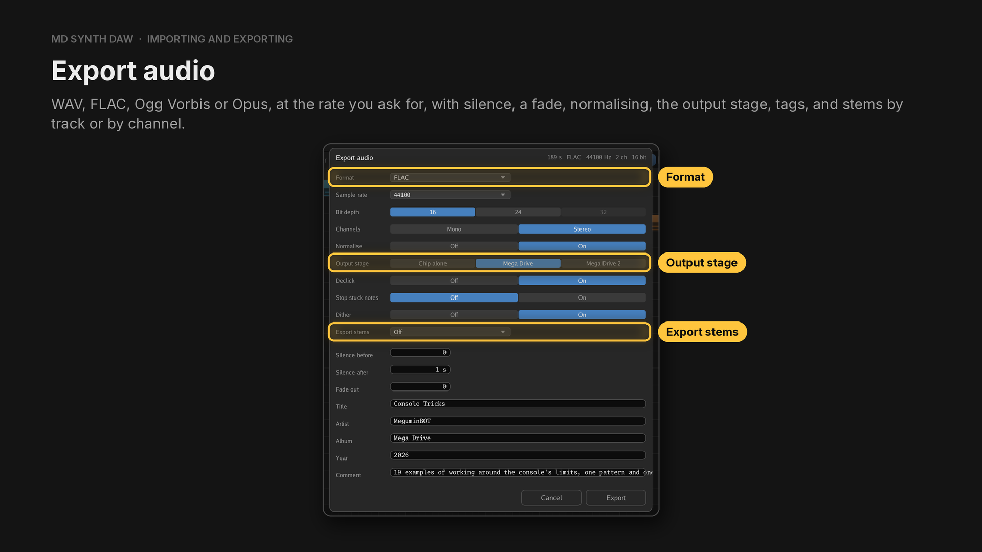 The Export audio sheet