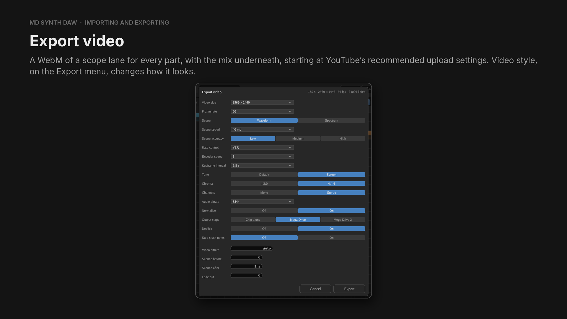 The Export video sheet