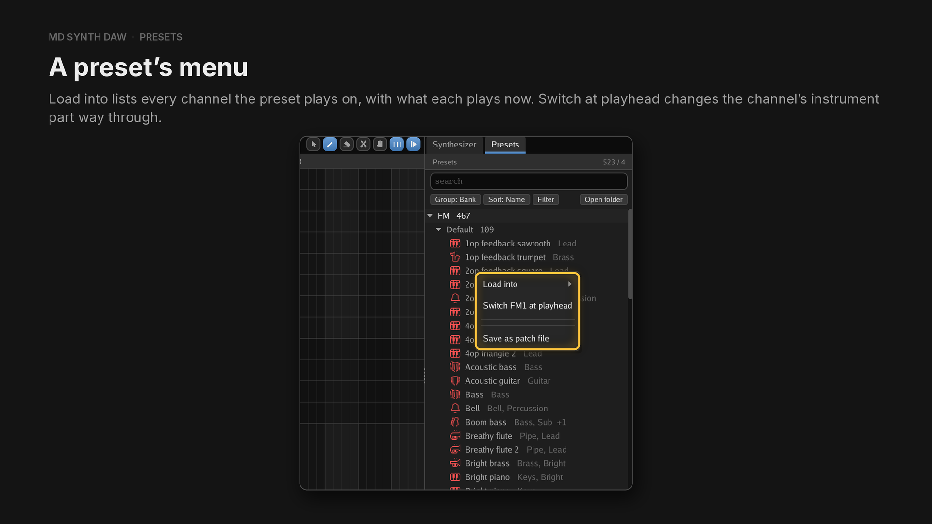 A preset's right-click menu