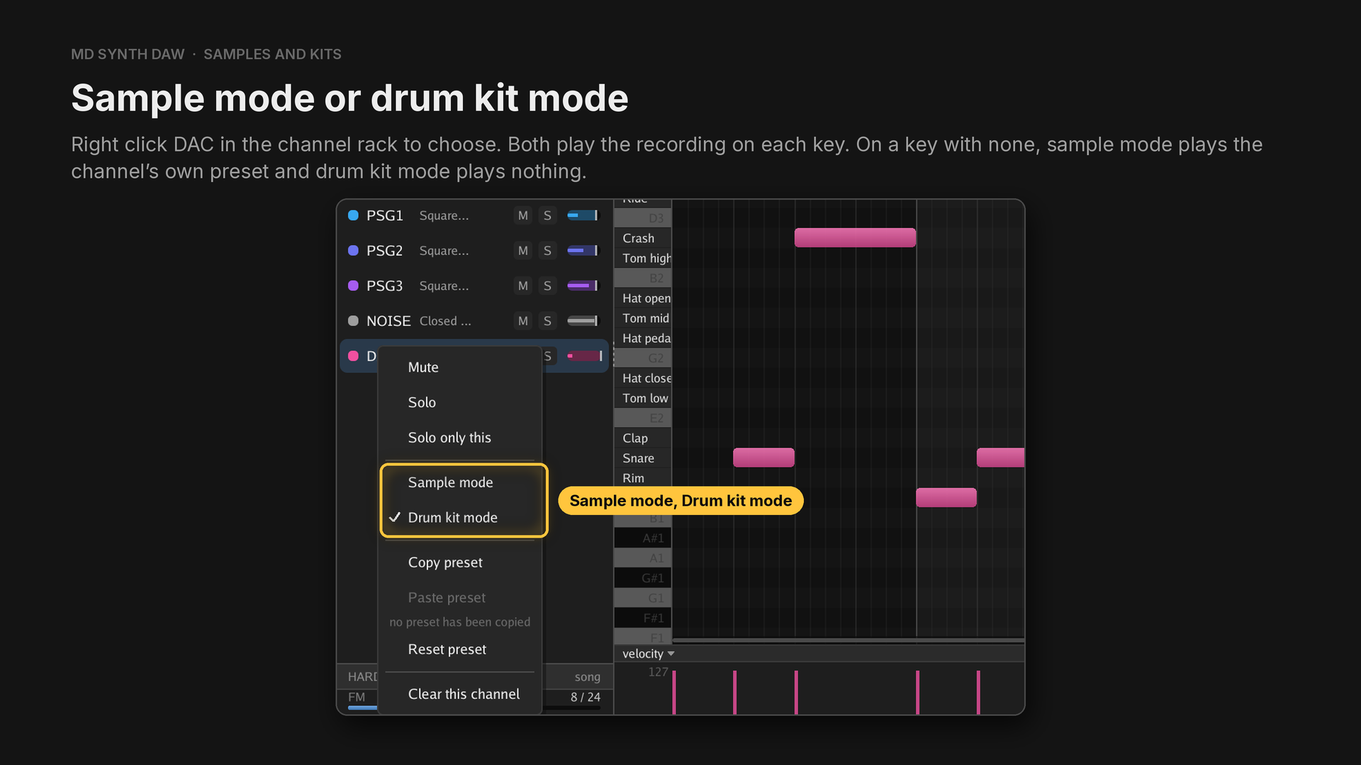 Sample mode and drum kit mode in the channel rack's menu