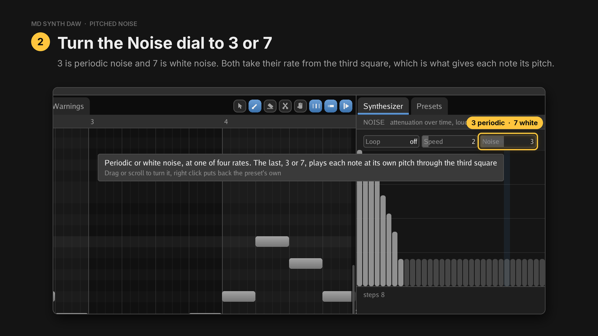 The Noise dial in the noise channel's preset
