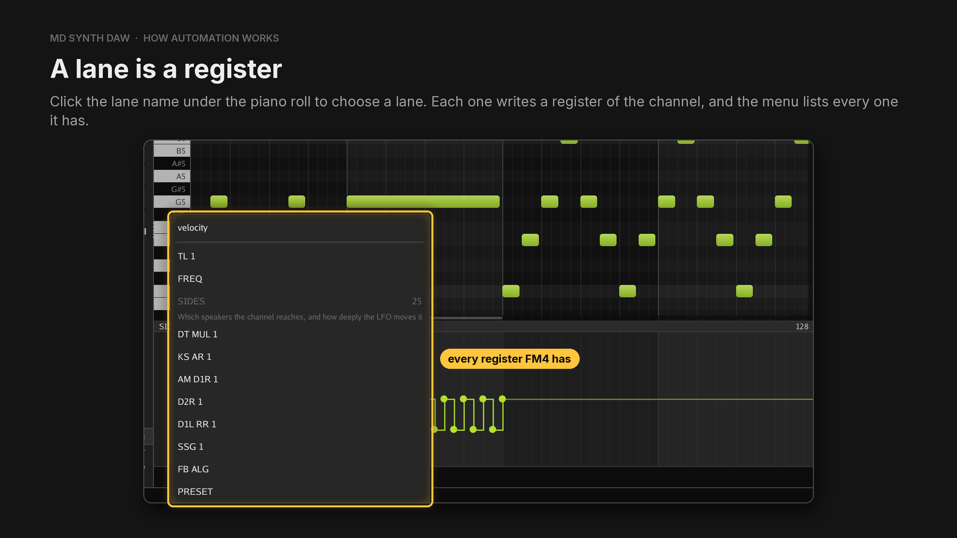 The lane menu under the piano roll