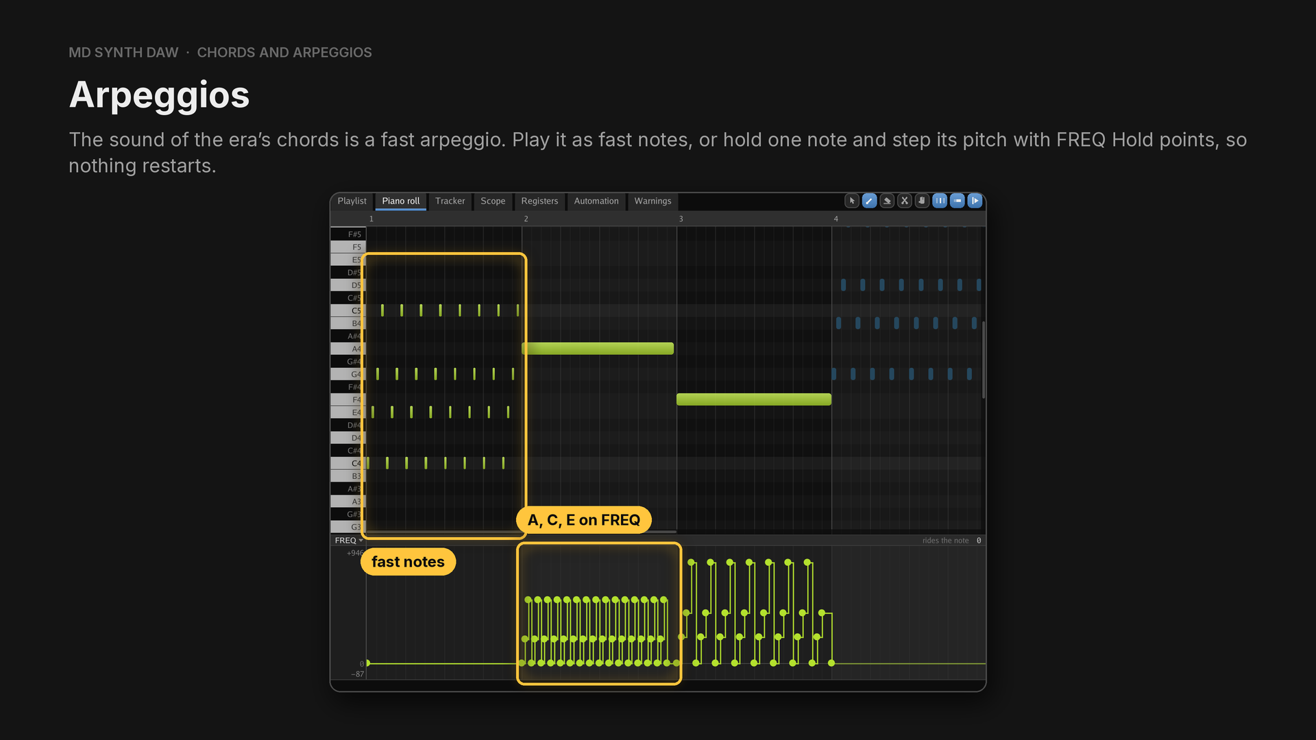 Fast notes, then FREQ steps on one held note
