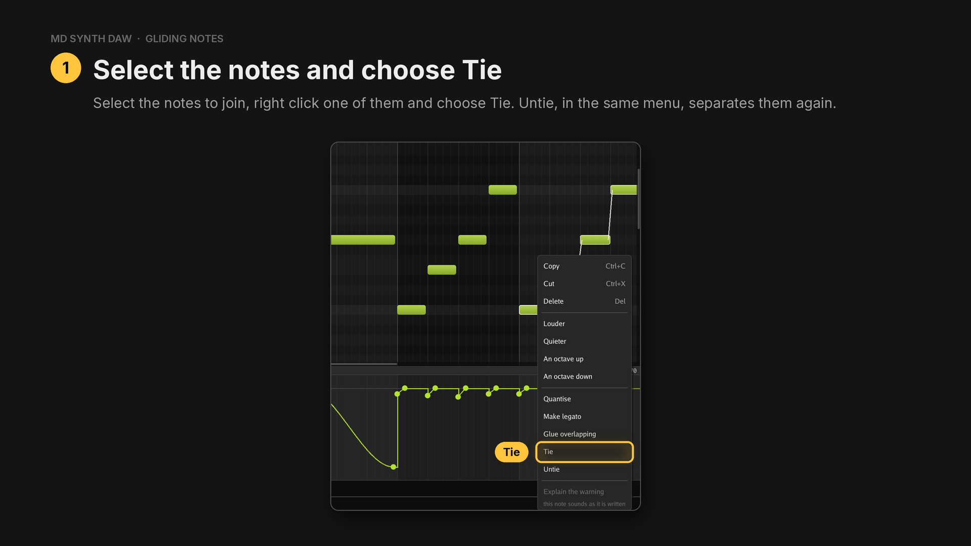 The Tie command in the piano roll's right-click menu