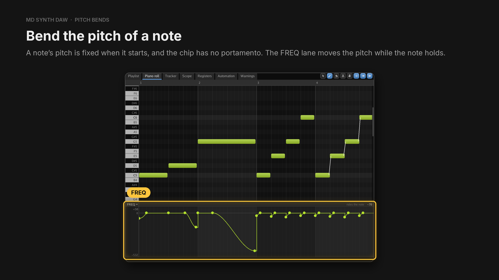A FREQ lane under the piano roll