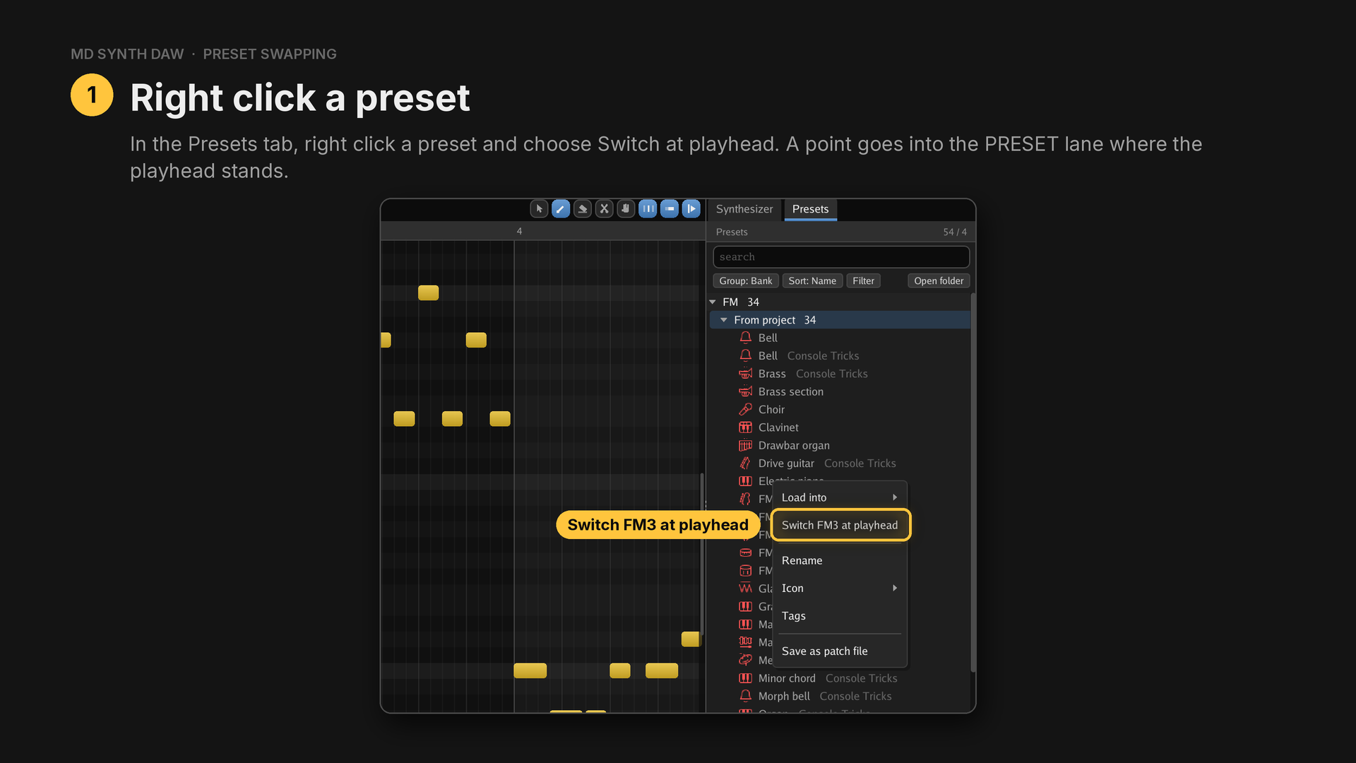 Switch FM3 at playhead in the Presets tab
