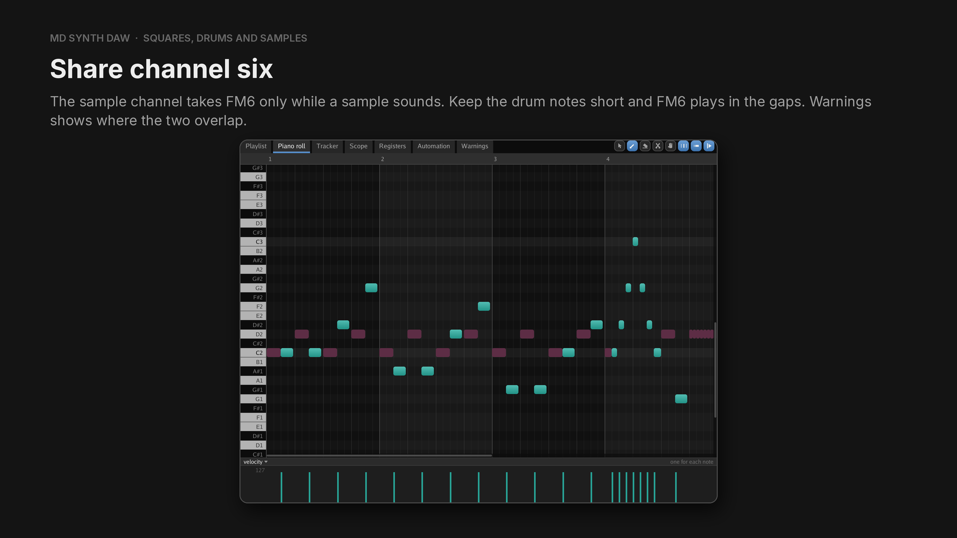 FM6 playing between the drum notes