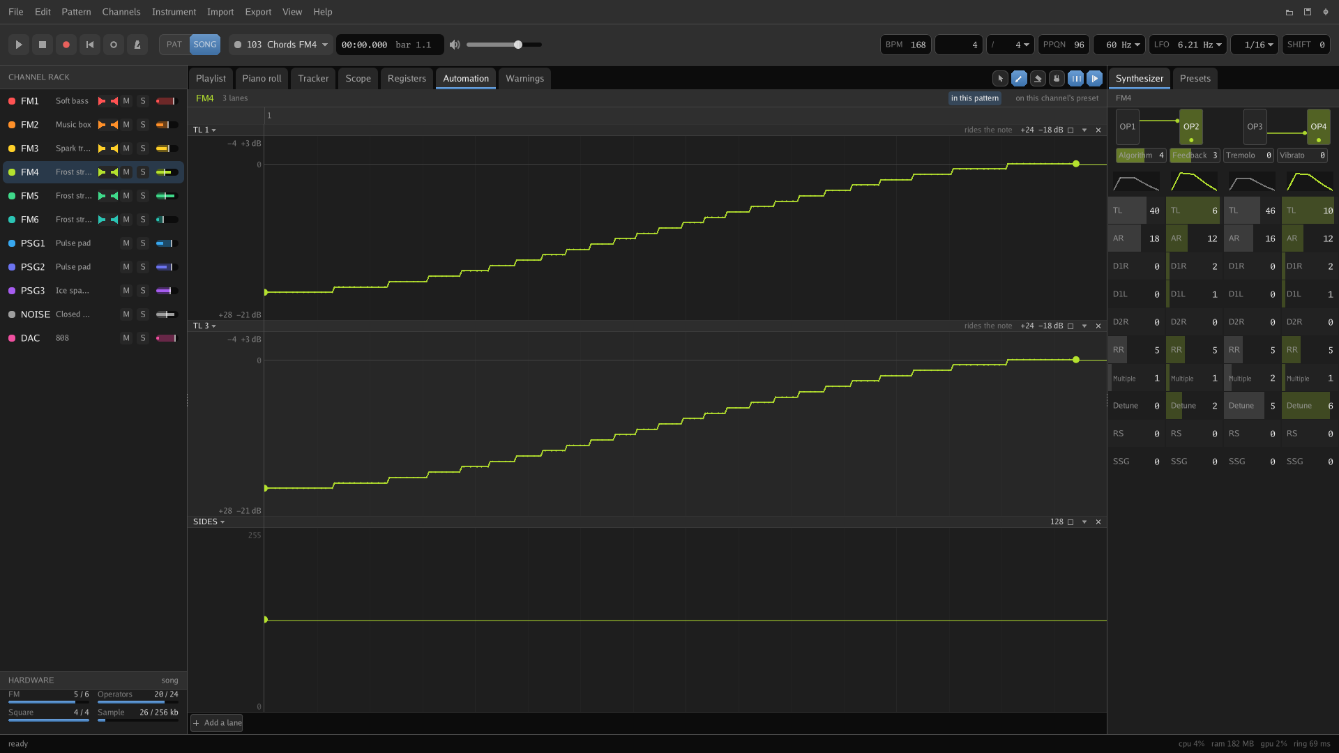 The automation editor next to the FM synthesizer