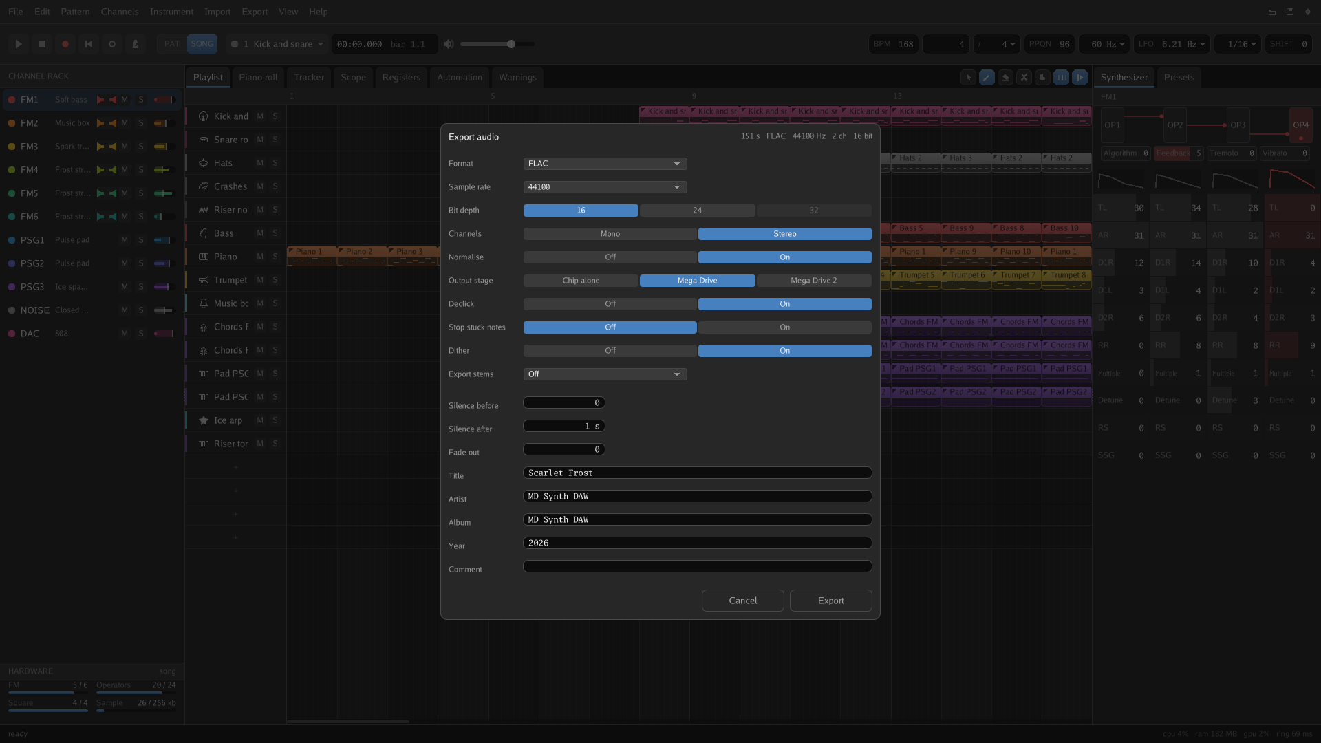The export audio sheet