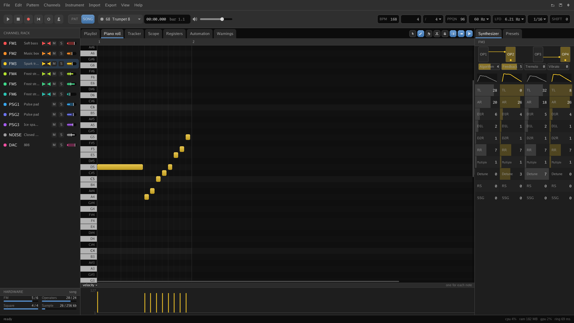 The piano roll, with a velocity strip under it