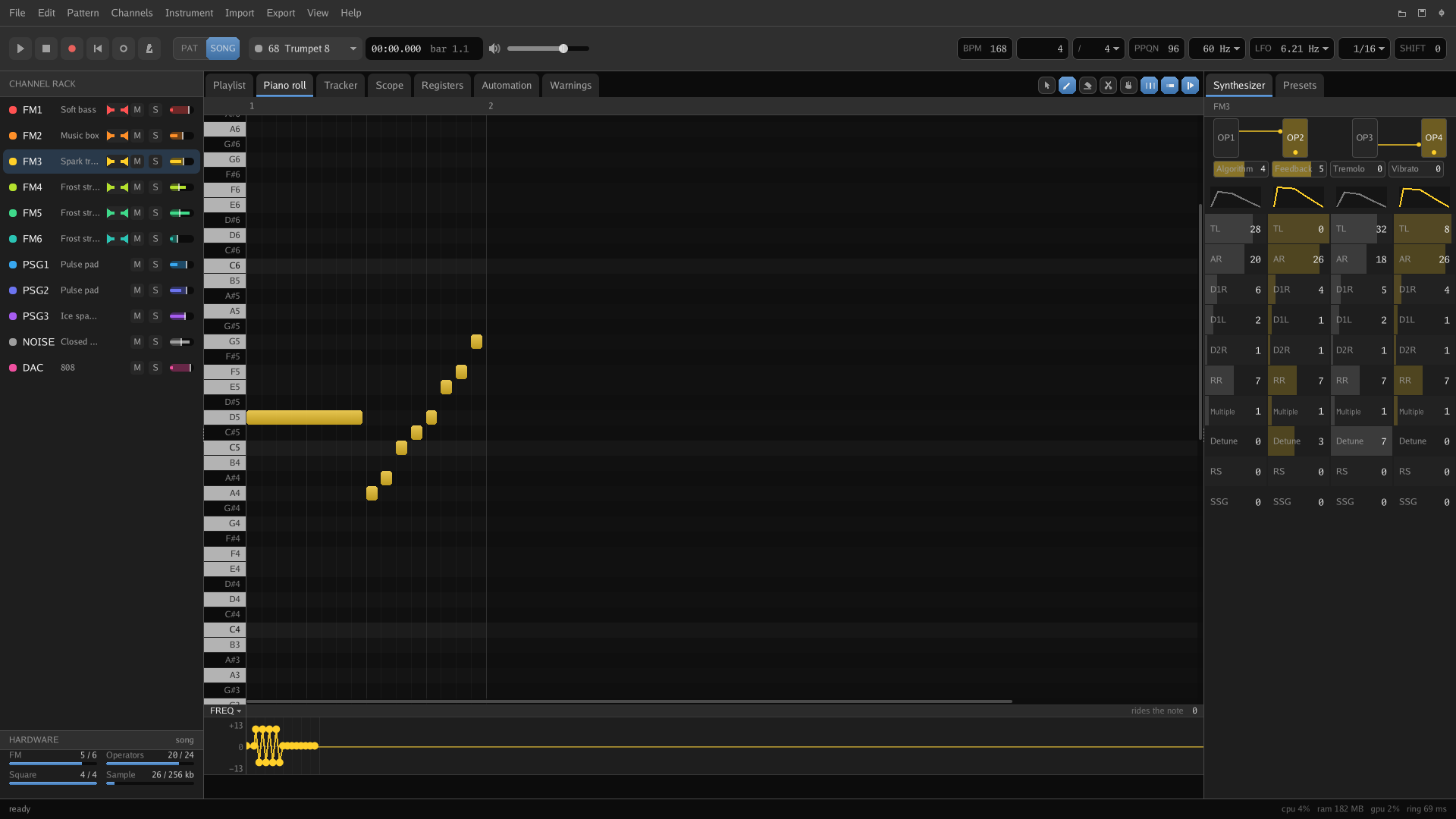 A FREQ lane under the piano roll, beside the FM synthesizer
